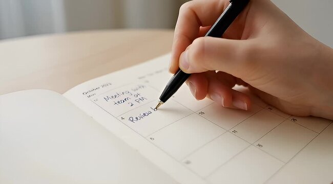 Person writing in a calendar or planner, scheduling appointments and reminders