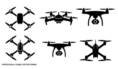 Minimal Drone Silhouette Collection Black Quadcopter Aircraft Vector Icons © Romjan 
