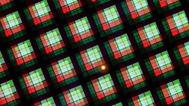 Abstract Red Green Plaid Pattern with Glowing Orbs and Sparkles