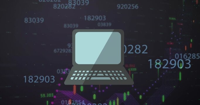 Animation of laptop icon and changing numbers over financial data processing against world map