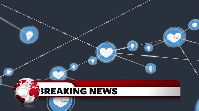 Animation of breaking news, globe, data processing and network of connections