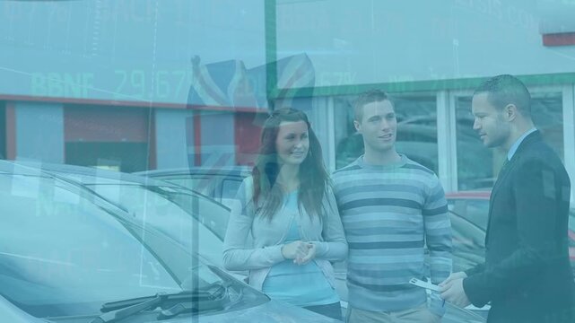 Animation of financial data processing over business people in car dealer shop