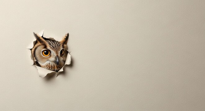 Curious Owl Peeking Through Torn Paper Hole.