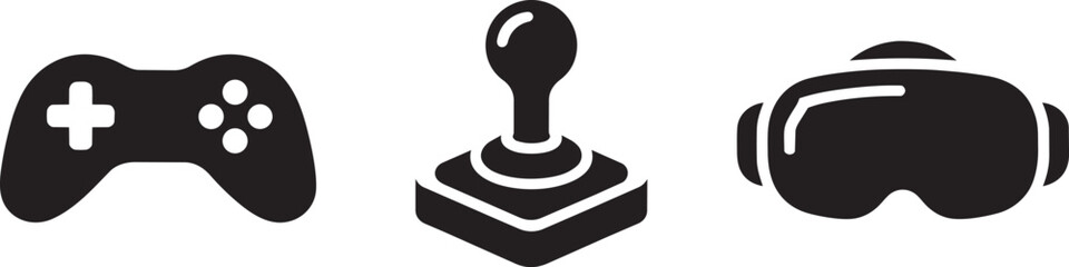 Video gaming set flat vector illustrations, game console, arcade stick and vr headset. © MC Creative