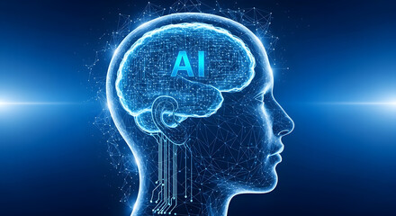 Digital human head with glowing blue ai brain and futuristic neural network connections on dark background