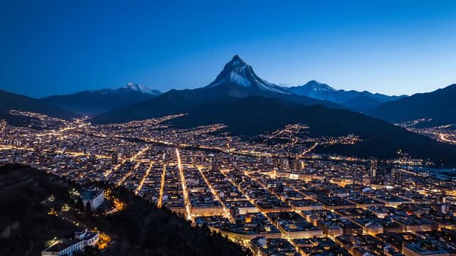 Panoramic view of Zermatt town at night with the Matterhorn mountain peak illuminated.