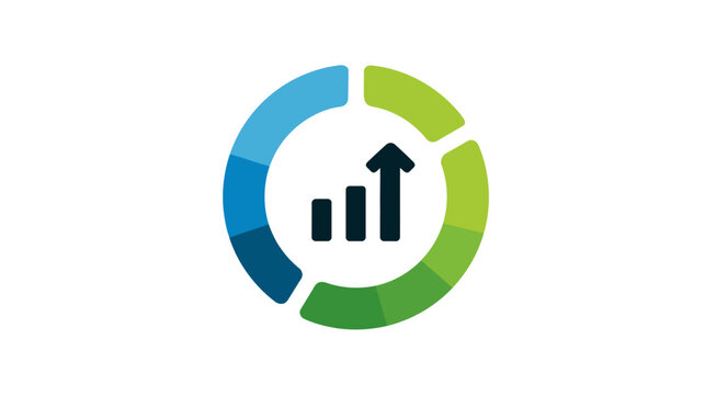 A graphical representation combining a segmented circle with an upward-pointing arrow and a bar graph