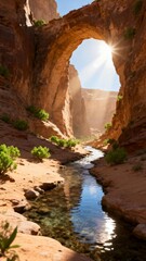 Natural Arch with Stream in Desert Landscape