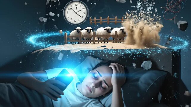 A person's struggle with chronic insomnia and sleeplessness, enduring restless wakefulness throughout the night, experiencing profound exhaustion and mental disturbance, thoughts fragmenting