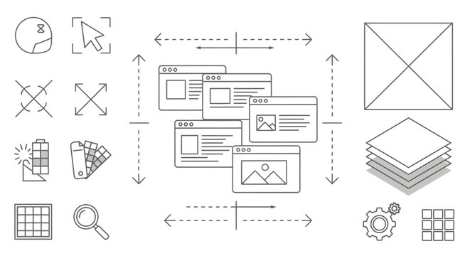 Line art illustration of web design and development concepts with browser windows, UI elements, and layout tools.