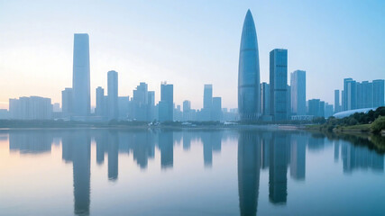 Obraz premium Modern city skyline with tall buildings reflecting in water