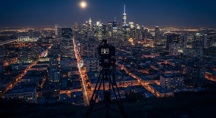 Fototapeta premium A camera on a tripod captures a panoramic night view of a sprawling metropolis under a moonlit sky. City lights twinkle