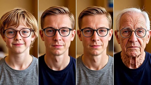 Age progression comparison of same person at different life stages, face aging process with time passing genetic portrait video