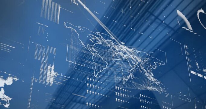 Animation of interface with data processing over world map against tall building