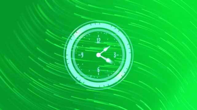 Animation of clock ticking over light trails pattern on dark background