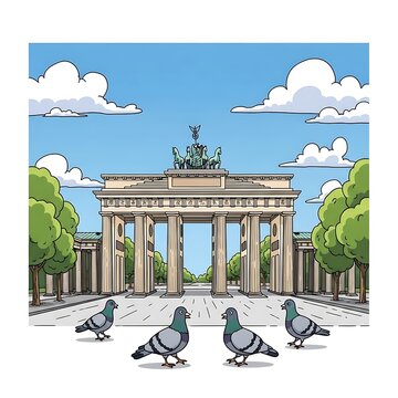 A cartoon depiction of a famous Berlin landmark, Brandenburg Gate, with four pigeons in the foreground and a blue sky
