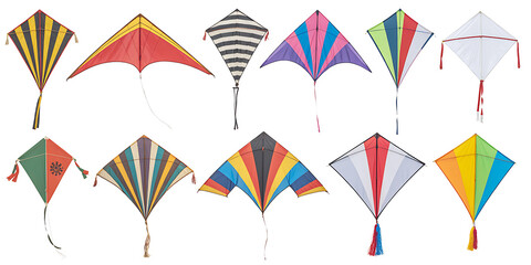 Obraz premium Collection of diverse patterned diamond shaped kites with tails isolated on white background