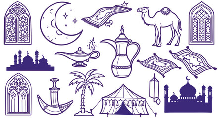 Collection of Arabian Nights themed icons including a camel, magic carpet, mosque, and crescent moon