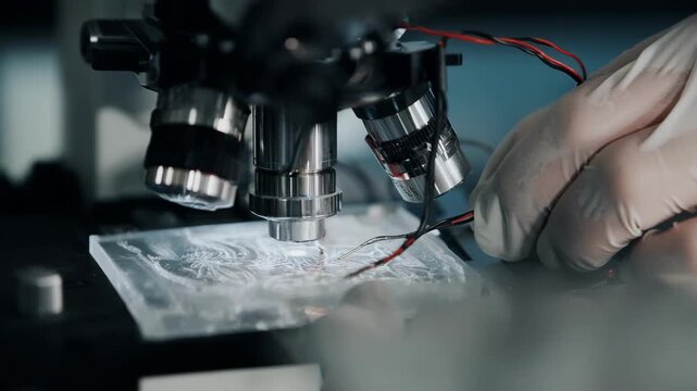 Focused microtome sectioning of frozen tissue specimen displaying crisp tissue slices with indistinct hands and background elements.