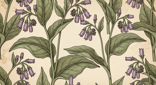Vintage Botanical Illustration of Purple Bell Flowers and Green Leaves.