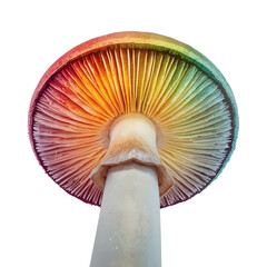 Fototapeta premium Low angle view of a rainbow colored mushroom with visible gills on a white background