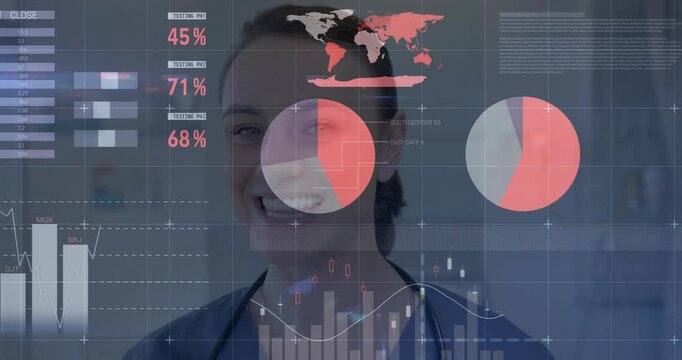 Data visualization animation over smiling woman with global testing statistics