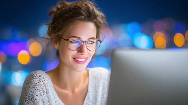 Night Owl at Work: A woman, illuminated by the soft glow of her computer screen, exudes concentration as she works late into the night, her glasses reflecting the digital world 