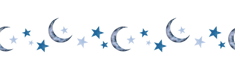 Obraz premium Seamless banner of a blue crescent moon, stars of varying sizes. Watercolor illustration. Border with a night sky atmosphere. Hand drawn isolated art. Children cartoon sketch for a bedroom, wallpaper