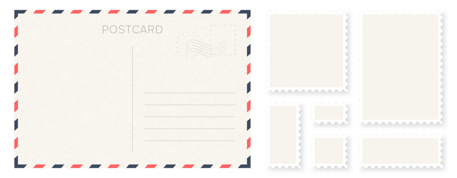 Blank retro postcard template with stamps and address lines. Retro postcard design with stylish decorative frames and space for text. Minimalist postcard layout with blank postage stamps. Vector