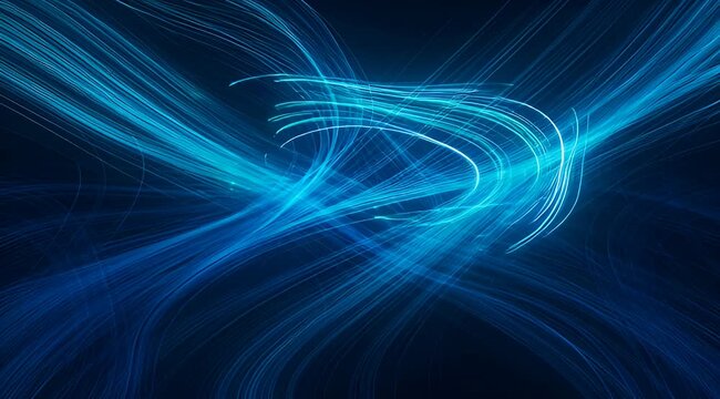 Abstract digital art featuring flowing, interwoven lines of vibrant blue light