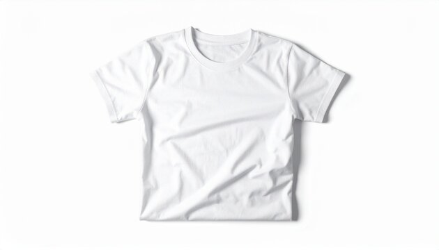 Clean folded t-shirt neatly arranged, minimal clothing product photography, detailed fabric texture, isolated on pure white background, soft shadow