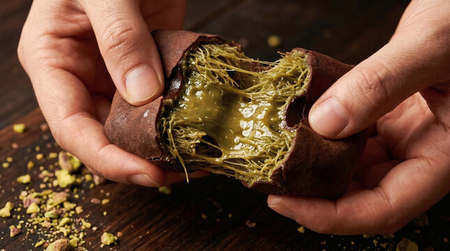 Hands pulling apart a delicious dubai chewy cookie with green gooey filling.