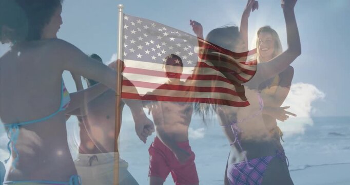At beach, group with American flag overlay, creating animation of fun day