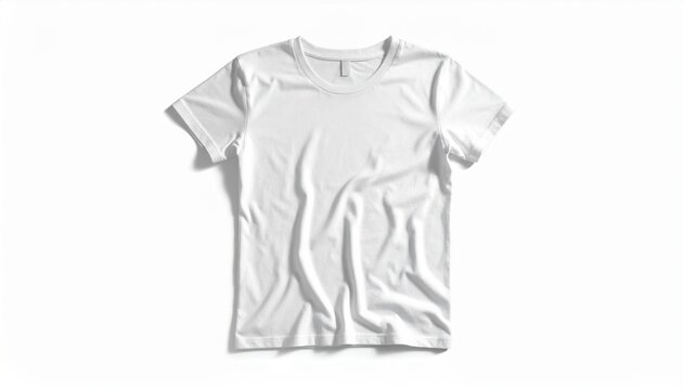 Clean folded t-shirt neatly arranged, minimal clothing product photography, detailed fabric texture, isolated on pure white background, soft shadow