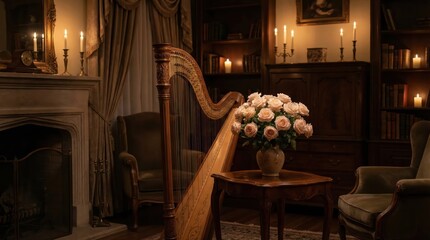 Naklejka premium Elegant vintage living room with harp, rose bouquet, and candlelit ambiance in cozy setting