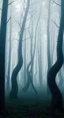 Obraz premium A dense, mysterious forest completely shrouded in thick, swirling fog. Twisted, gnarled tree trunks dominate the gloomy, ominous landscape, halloween, outdoor, light