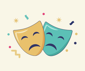 Theater Drama Tragedy Masks with Confetti and Celebration Shapes