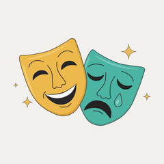 Comedy and Tragedy Theater Masks Illustration with Dramatic Expressions and Stars