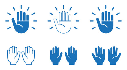 Fototapeta premium Blue hand icons with radiant rays, representing communication and action, glowing gesture symbols in flat vector style ideal for alerts