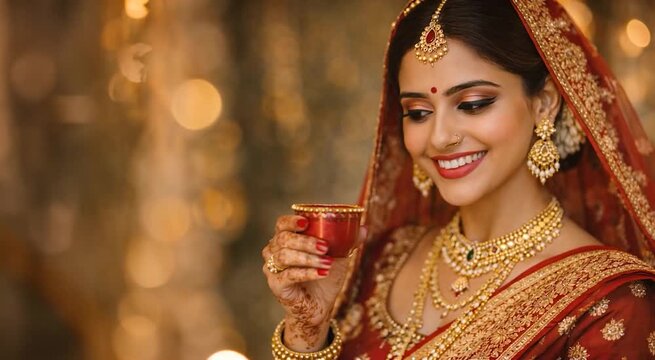 Indian bride holding ceremonial cup and smiling at camera during wedding ritual ideal for traditional celebration advertisement cultural festival promotion and bridal lifestyle marketing