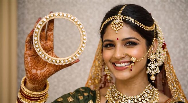 Indian bride holding gold bangle in mehndi hand and smiling during wedding preparation ideal for bridal jewelry advertisement traditional accessory promotion and luxury wedding marketing