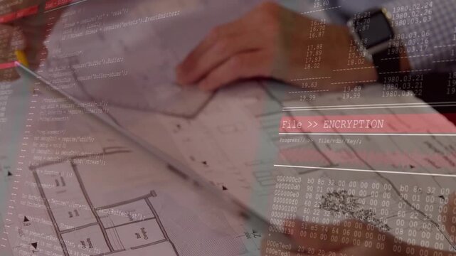 Architects using tablet and sketching lines causing transparent encryption overlay securing design