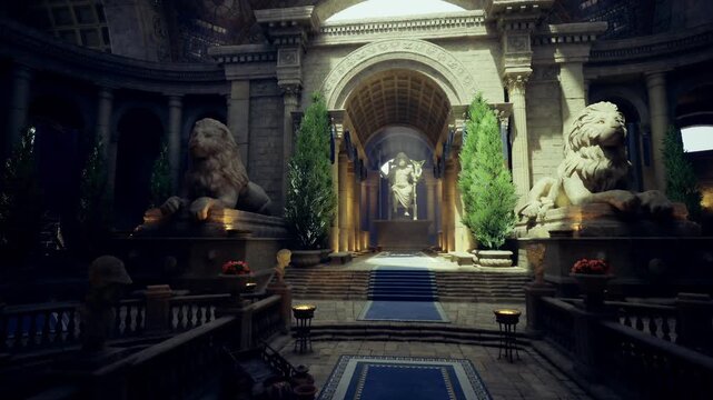 moody shadowed grand hall centered on sculpted statue, dusk glow filtering through oculus, long carpeted aisle and silent altar, reflective ambience suited