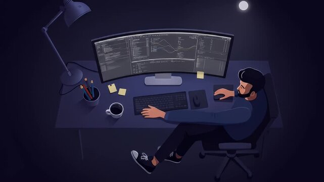 Man working at his computer station late at night with multiple windows open