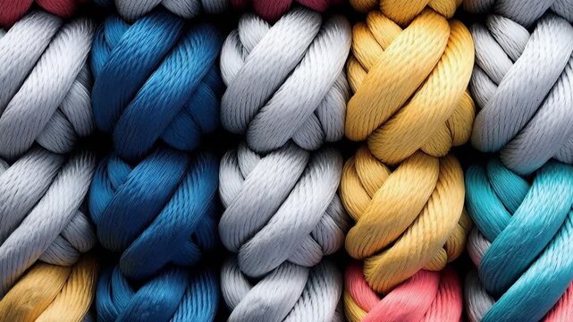 Close-ups reveal the process of weaving colorful fabric. The hands of a craftsman move skillfully as the materials intertwine and form unique patterns.