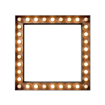 Illuminated square vanity mirror with light bulbs on a white background is displayed