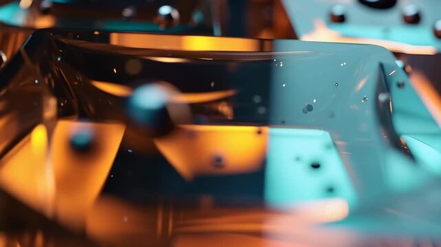 Cubes of ice sit in water with bubbles around them. Bright colors reflect off the ice, creating a beautiful show of light. This happens during the night.