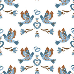 Decorative illustration featuring blue birds, floral elements, and wedding rings arranged in a symmetrical pattern on a white background