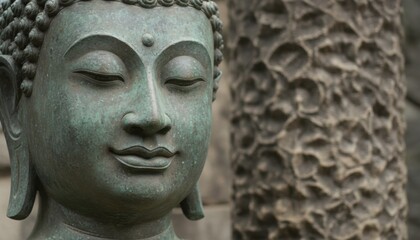 Close-up of a weathered bronze Buddha head sculpture with a serene expression, detailed texture