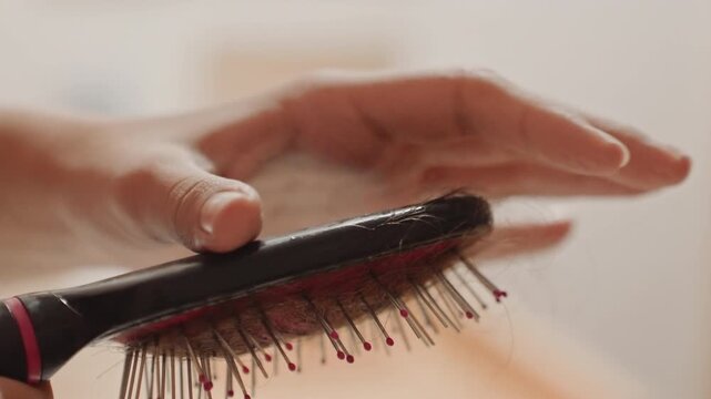 Visitor tidies brush. Hotel visitor diligently clears hair entanglements from grooming tool. Guest in hotel carefully maintains hairbrush by removing knots and hair strands thoroughly